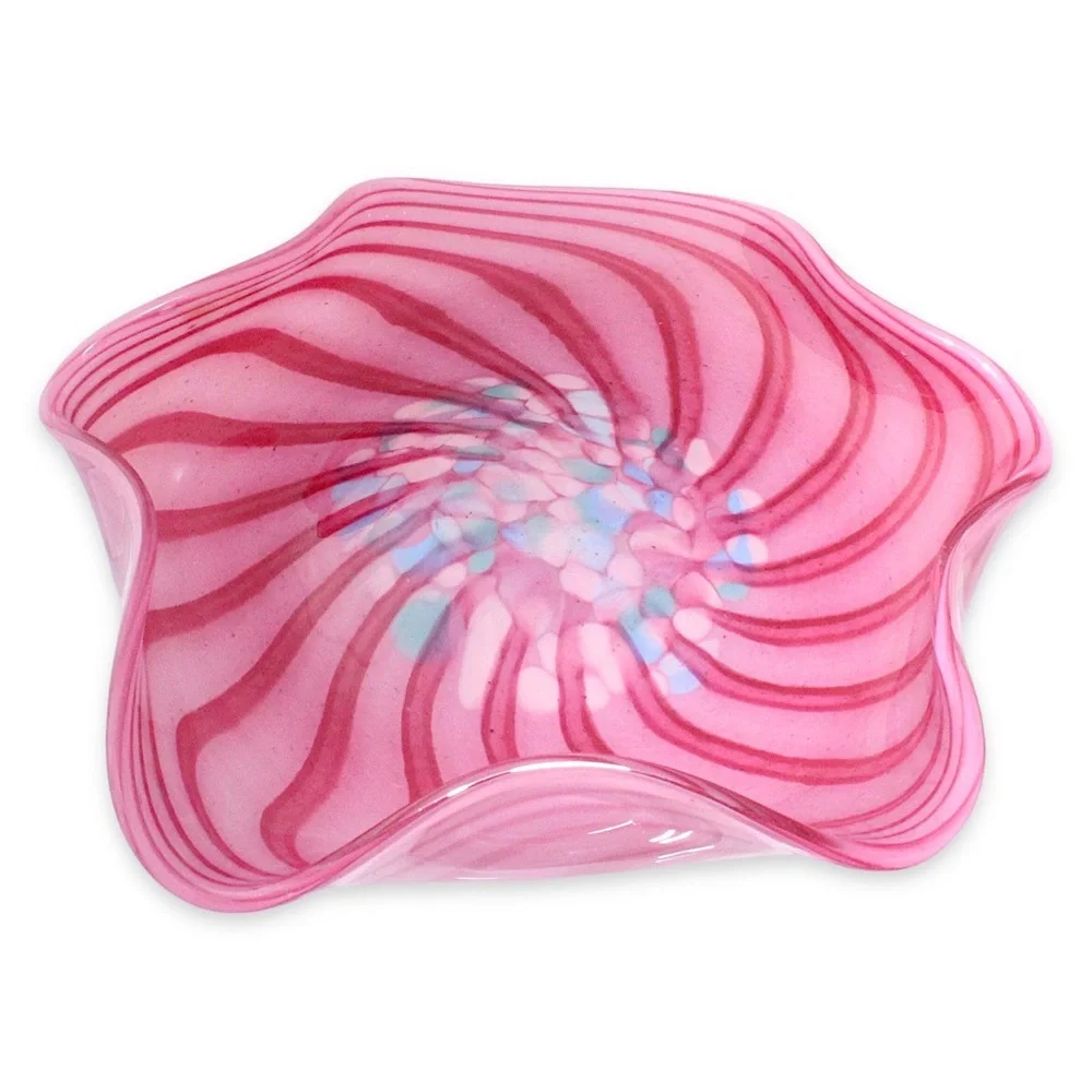 Vintage Art Glass Ruffle Candy Dish Bowl Pink & Blue Confetti Swirl Mouth Blown
